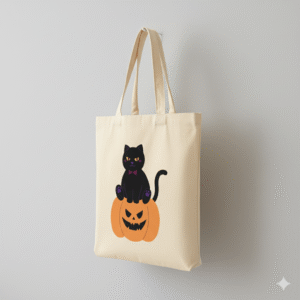 spooky cute black cat tote bag – halloween pumpkin canvas bag for shopping, gifts & everyday use