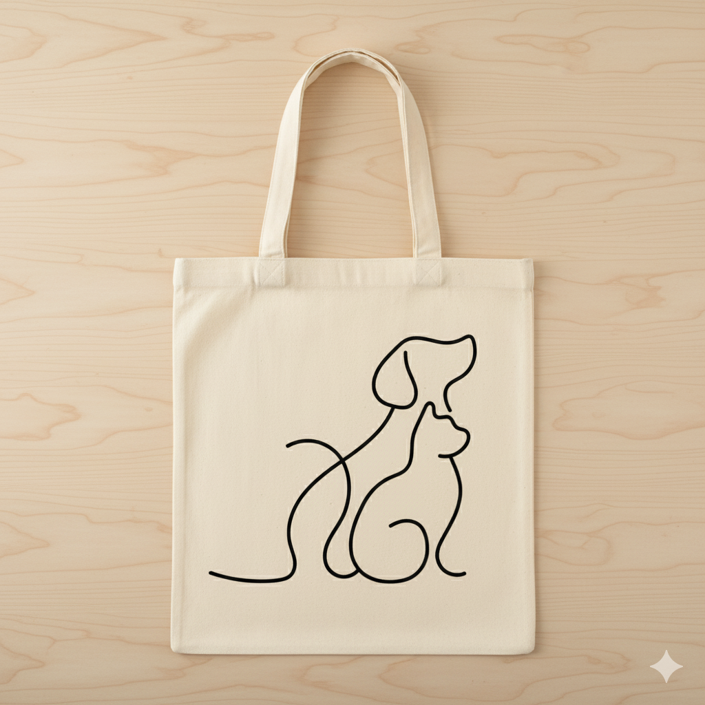 one line pet companions tote bag – minimalist dog & cat design, reusable cotton canvas bag
