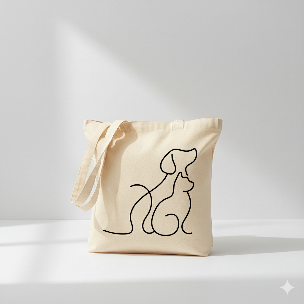 one line pet companions tote bag – minimalist dog & cat design, reusable cotton canvas bag